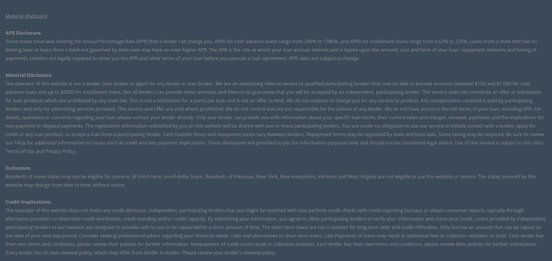 Material disclosure for payday loans in Arvada Colorado